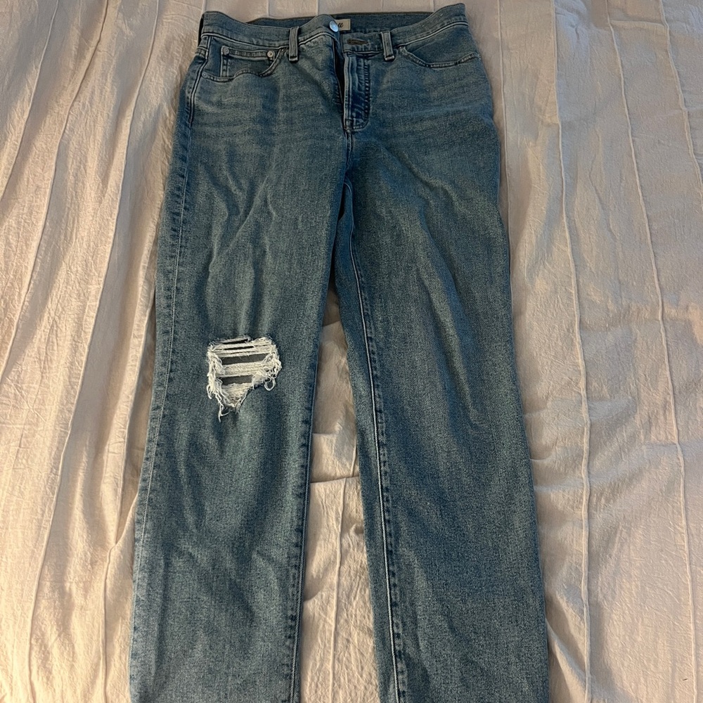 Madewell Blue Straight Leg Jeans with Distressed Details
